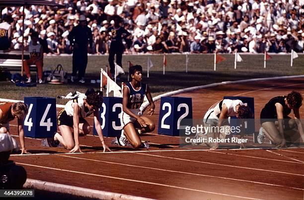 American runner Wilma Rudolph gets ready in the block as she attemps to win the Women's 100m sprint at the 1960 Summer Olympic Games on September 2,...