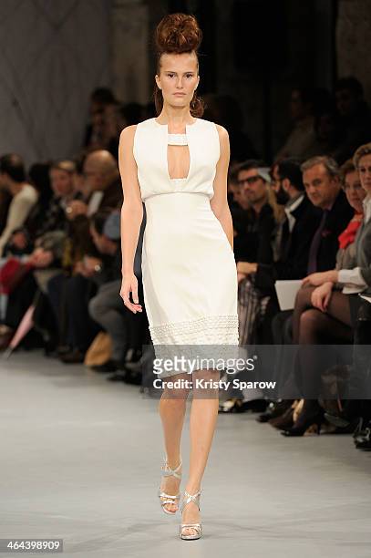 Model walks the runway during the Georges Chakra show as part of Paris Fashion Week Haute Couture Spring/Summer 2014 on January 22, 2014 in Paris,...