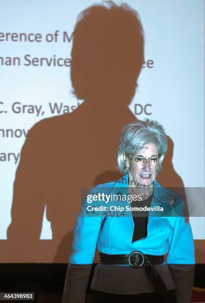 Health and Human Services Secretary Kathleen Sebelius stands in the light of a digital projector before delivering remarks and answering questions...