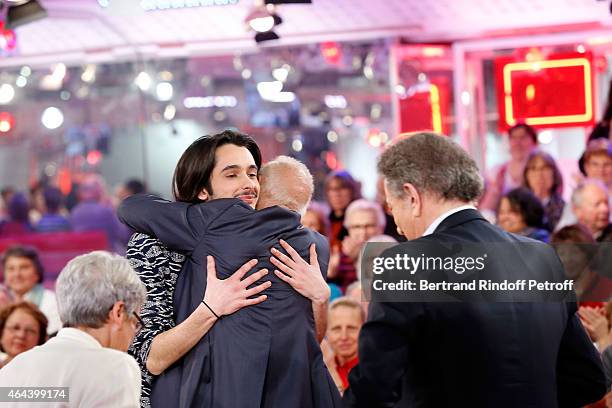 Claude Fugain, Alexis Fugain, Singer Michel Fugain and Michel Drucker attend the 'Vivement Dimanche' French TV Show at Pavillon Gabriel on February...