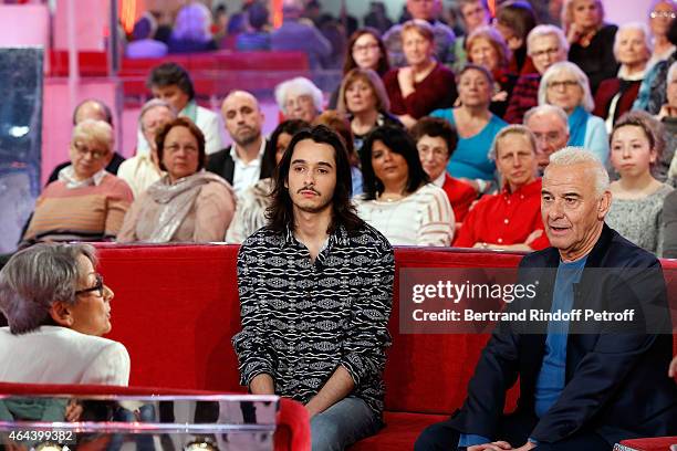 Claude Fugain, Alexis Fugain and Singer Michel Fugain attend the 'Vivement Dimanche' French TV Show at Pavillon Gabriel on February 25, 2015 in...