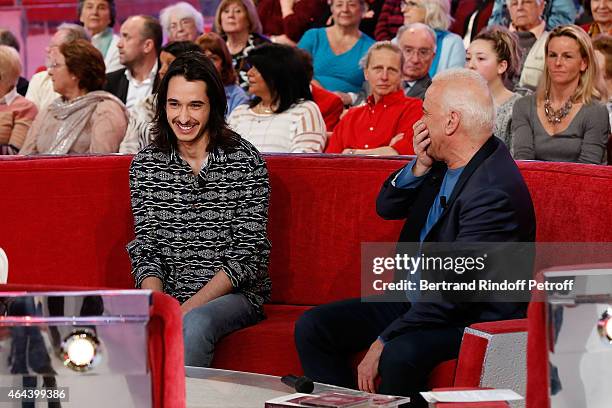 Alexis Fugain and Singer Michel Fugain attend the 'Vivement Dimanche' French TV Show at Pavillon Gabriel on February 25, 2015 in Paris, France.