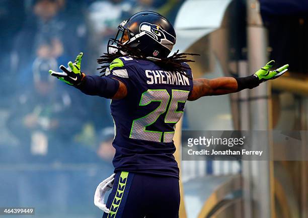 Cornerback Richard Sherman of the Seattle Seahawks takes the field for the 2014 NFC Championship against the San Francisco 49ers at CenturyLink Field...