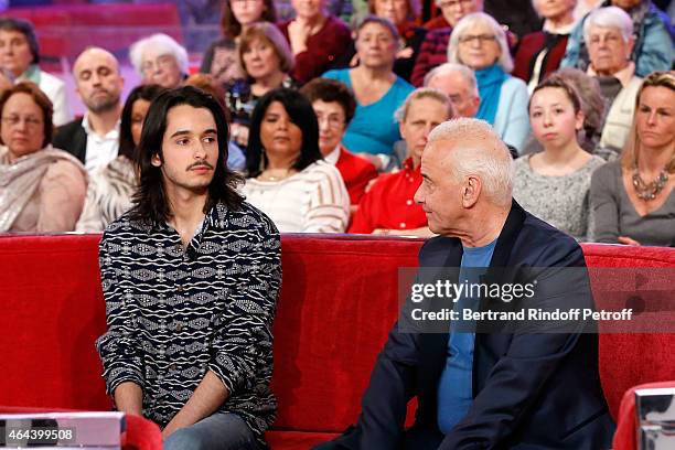 Alexis Fugain and Singer Michel Fugain attend the 'Vivement Dimanche' French TV Show at Pavillon Gabriel on February 25, 2015 in Paris, France.