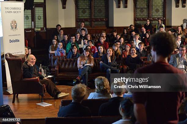 Quentin Blake addresses The Cambridge Union on February 25, 2015 in Cambridge, Cambridgeshire.