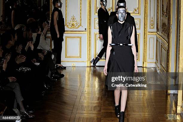 Model walks the runway at the Rad Hourani Spring Summer 2014 fashion show during Paris Haute Couture Fashion Week on January 22, 2014 in Paris,...