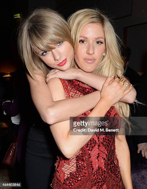 Taylor Swift and Ellie Goulding attends the Universal Music Brits party hosted by Bacardi at The Soho House Pop-Up on February 25, 2015 in London,...