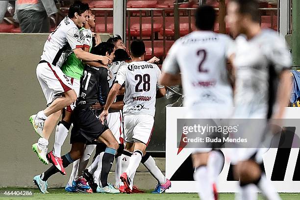 Players of Atlas celebrate a scored goal during a match between Atletico MG and Atlas as part of Copa Bridgestone Libertadores 2015 at Independencia...