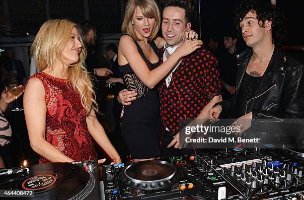 Ellie Goulding, Taylor Swift, Nick Grimshaw and Matt Healy attend the Universal Music Brits party hosted by Bacardi at The Soho House Pop-Up on...