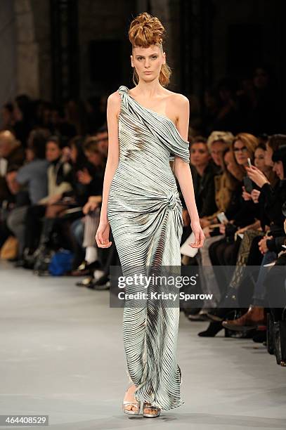 Model walks the runway during the Georges Chakra show as part of Paris Fashion Week Haute Couture Spring/Summer 2014 on January 22, 2014 in Paris,...