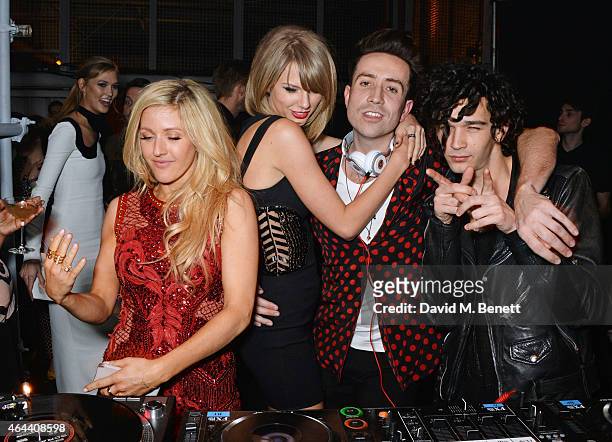 Karlie Kloss, Ellie Goulding, Taylor Swift, Nick Grimshaw and Matt Healy attend the Universal Music Brits party at The Soho House Pop-Up on February...
