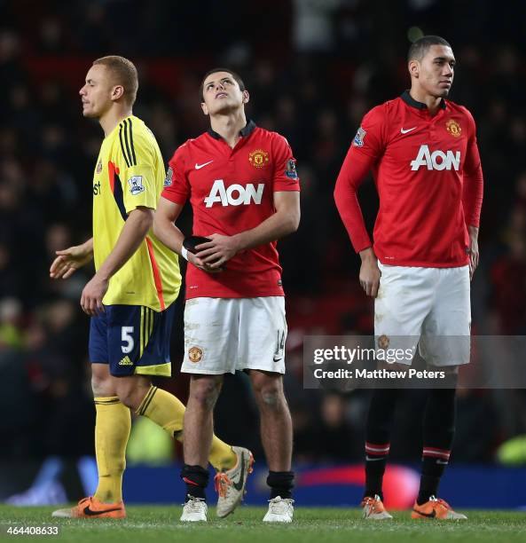 Javier "Chicharito" Hernandez of Manchester United shows his disappointment after the Capital One Cup semi-final second leg at Old Trafford on...