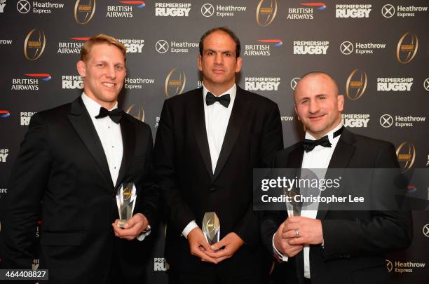 Lewis Moody, Martin Johnson and George Chuter pose for the camera with their Awards for being Inducted into the Premiership Rugby Hall of Fame during...