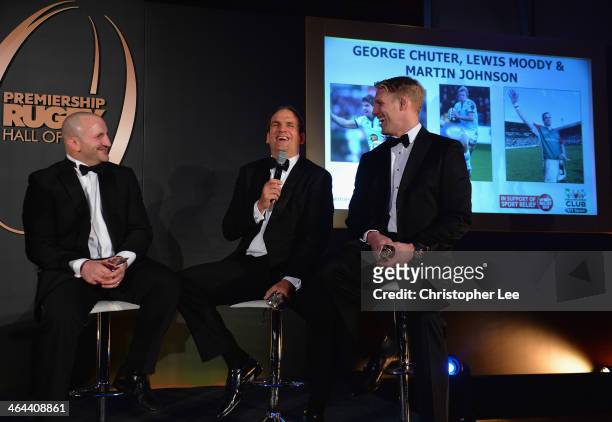 George Chuter, Martin Johnson and Lewis Moody share a joke as they do a Q&A after receiving their awards for being Inducted into the Premiership...
