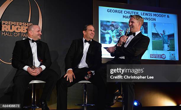 George Chuter, Martin Johnson and Lewis Moody share a joke as they do a Q&A after receiving their awards for being Inducted into the Premiership...