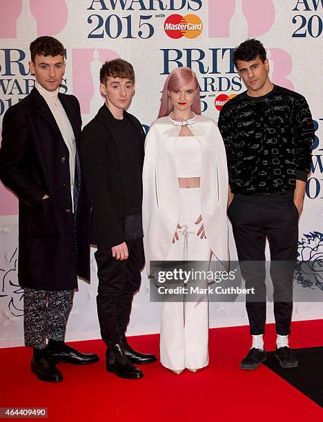 Jack Patterson, Luke Patterson, Grace Chatto, and Milan Neil Amin-Smith of Clean Bandit attend the BRIT Awards 2015 at The O2 Arena on February 25,...