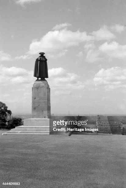 General James Wolfe statue, Greenwich Park, London, viewed from the south looking towards the Royal Naval Hospital, c1945-c1965. View from the rear...