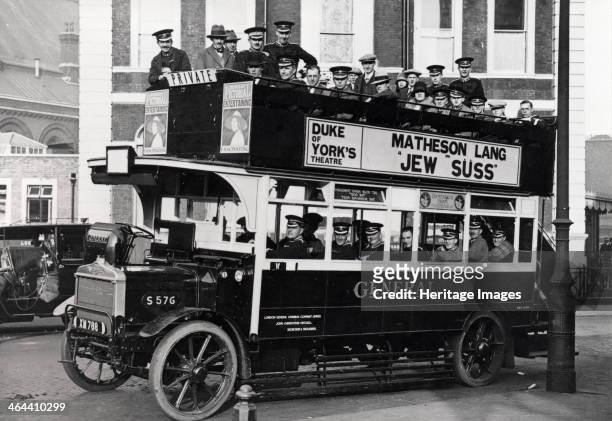 The Rowntree Brass Band on a motor bus in London on their way to a competition at Crystal Palace, after 1904.