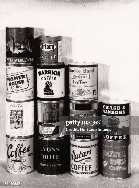 Selection of tins of different brands of coffee, including Brooke Bond, Lyons and Maxwell House, 1947.