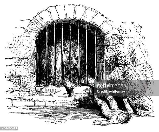 caged lion frightening a small boy - old prisoner stock illustrations