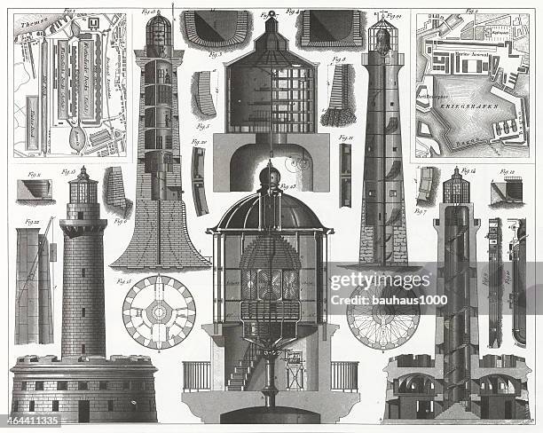 lighthouse engraving - lighthouse beacon stock illustrations