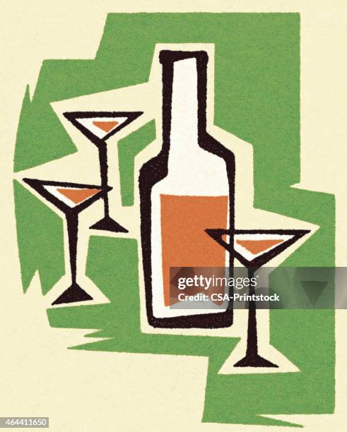 liquor bottle and martini glasses - vodka stock illustrations