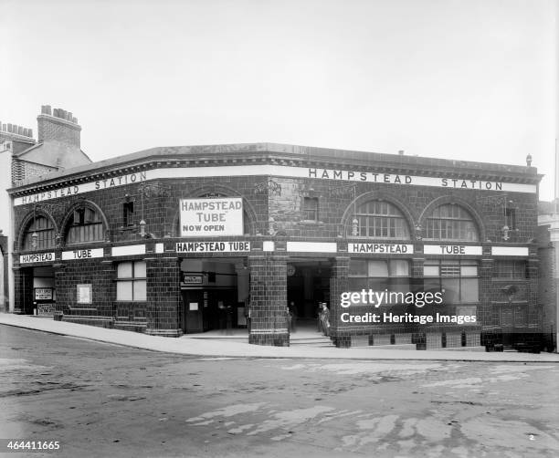 Hampstead Underground Station, Hampstead, London, 1907. Hampstead Tube Station advertised as 'now open' after the Northern Line, on which it lies,...