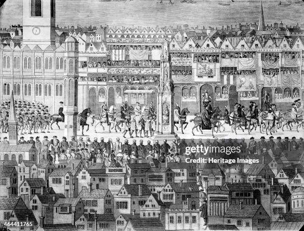 Procession of Edward VI along Cheapside, City of London, c1550. State procession of King Edward VI along Cheapside, London. A crowd watches from both...