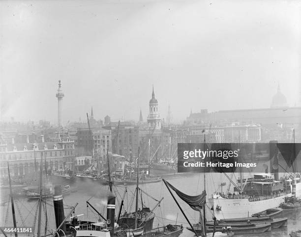 Shipping in the Pool of London, from London Bridge to Billingsgate. The Monument, the tower of the Church of St Magnus the Martyr and the mass of...