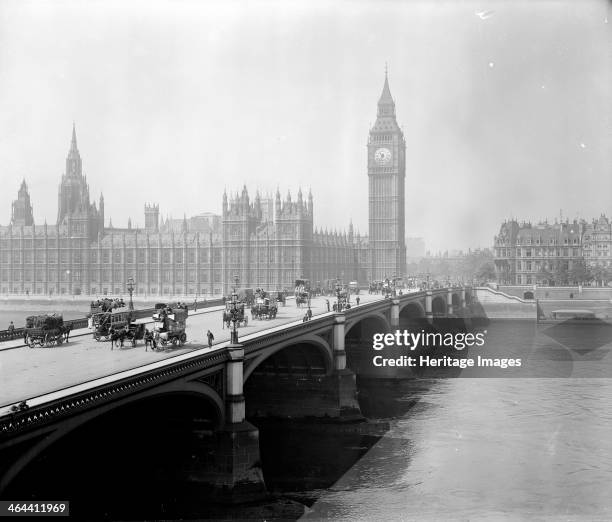 The Palace of Westminster and Big Ben, London, after 1881. The Houses of Parliament and Big Ben from the south-east, with Westminster Bridge in the...