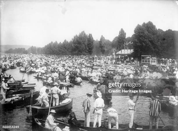 The River Thames crowded with boats during the Heney Regatta, Henley-on-Thames, Oxfordshire, c1860-c1922.