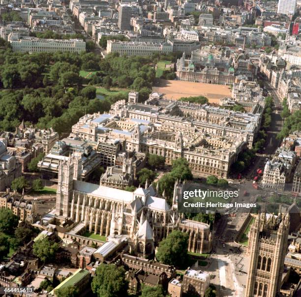 Westminster Abbey and Whitehall, London, 2002. Whitehall houses the core of Britain's government. Beyond Westminster Abbey are the Treasury and the...