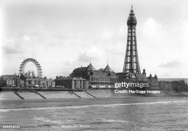 The front at Blackpool, Lancashire, 1894-1910. A view looking south-east from the North Pier towards Blackpool Tower with the Big Wheel visible in...