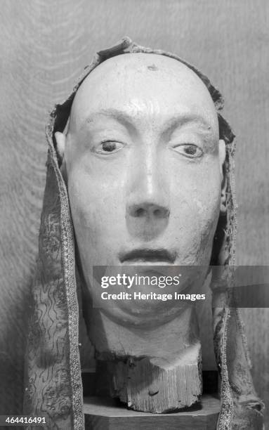 Royal funeral effigy of Anne of Bohemia, Westminster Abbey, 1945-1980. Photograph taken 1945-1980 of a detail of the medieval wooden funerary effigy...