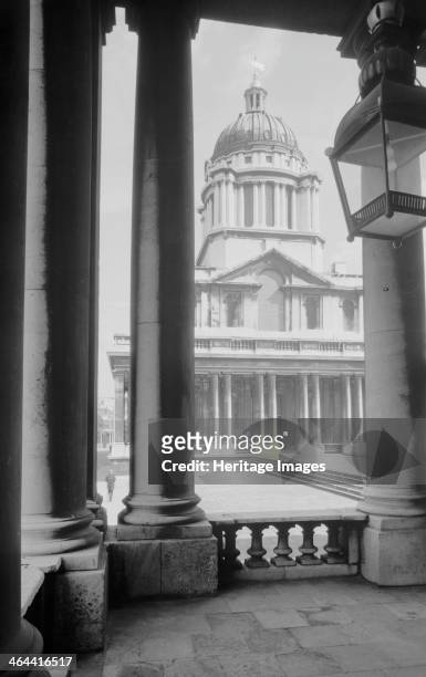 Royal Naval Hospital, Greenwich, London, 1945-1980. Exterior view of the Royal Naval Hospital looking towards the Queen Mary block from the colonnade...