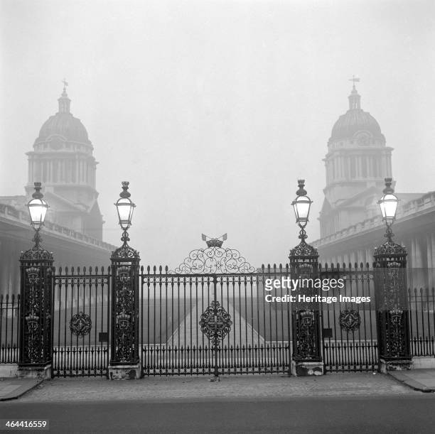 Royal Naval College, Greenwich, London, 1955-1965. Gate piers of the college which used to be a hospital. Exterior view showing gate piers. The Royal...