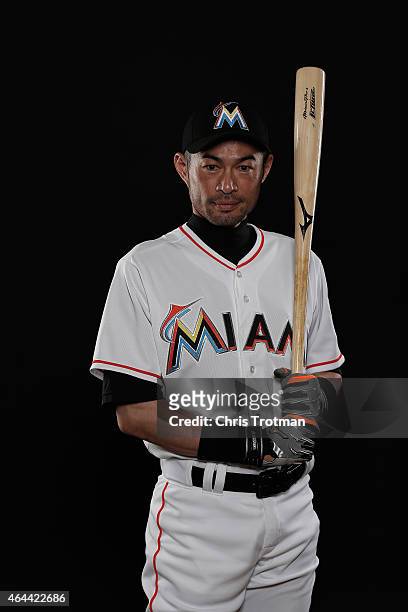Ichiro Suzuki of the Miami Marlins poses for a photograph at Spring Training photo day at Roger Dean Stadium on February 25, 2015 in Jupiter, Florida.