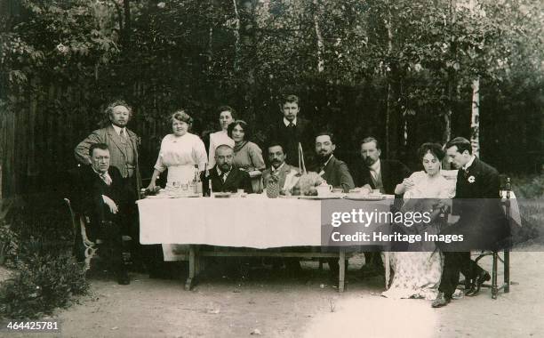 Visitors with Russian author Alexander Kuprin and his family, Gatchina, Russia, early 20th century. Kuprin was a short story writer described by...