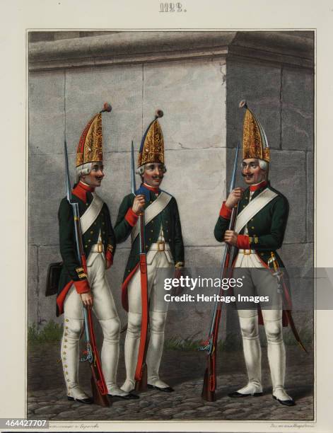 Grenadiers of the Preobrazhensky, Semenovsky and Izmailovsky Regiment in 1796-1797, 1840s. Found in the collection of the A. Suvorov State Memorial...