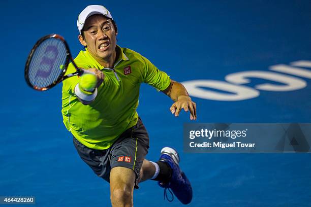 Kei Nishikori of Japan returns a shot during a men's singles match against Yen-Hsun Lu of Chila Tai Pai, as part of Telcel Mexican Open 2015 at...
