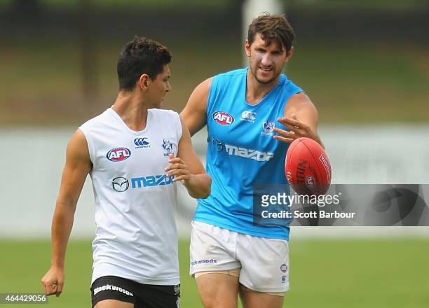 Jarrad Waite and Robin Nahas of the Kangaroos compete for the ball during a North Melbourne Kangaroos AFL media session at NMFC on February 26, 2015...