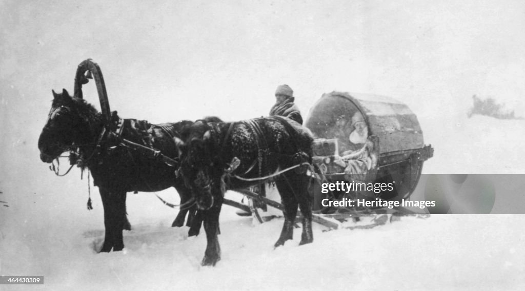 Horse-drawn sledge (kibitka), Siberia, Russia, 1890s.