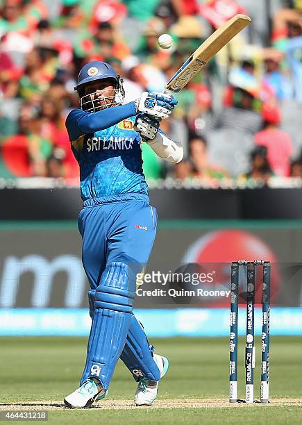 Tillakaratne Dilshan of Sri Lanka bats during the 2015 ICC Cricket World Cup match between Sri Lanka and Bangladesh at Melbourne Cricket Ground on...