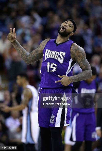 DeMarcus Cousins of the Sacramento Kings reacts after making a basket in the fourth quarter of their game against the Memphis Grizzlies at Sleep...