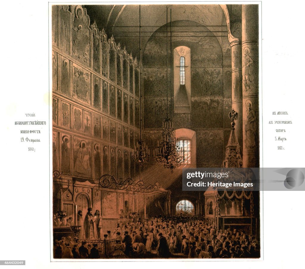 The Announcement of the Serfs Emancipation Manifesto in the Dormition Cathedral on March 5, 1861, 1861. Artist: Timm, Vasily (George Wilhelm) (1820-1895)