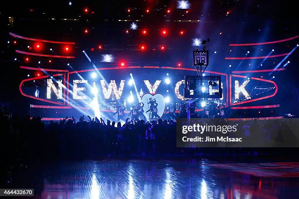 Christina Aguilera performs prior to the start of the 2015 NBA All-Star Game at Madison Square Garden on February 15, 2015 in New York City. The...