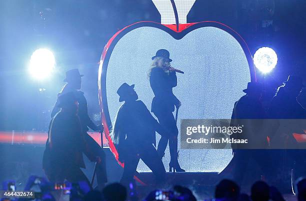 Christina Aguilera performs prior to the start of the 2015 NBA All-Star Game at Madison Square Garden on February 15, 2015 in New York City. The...