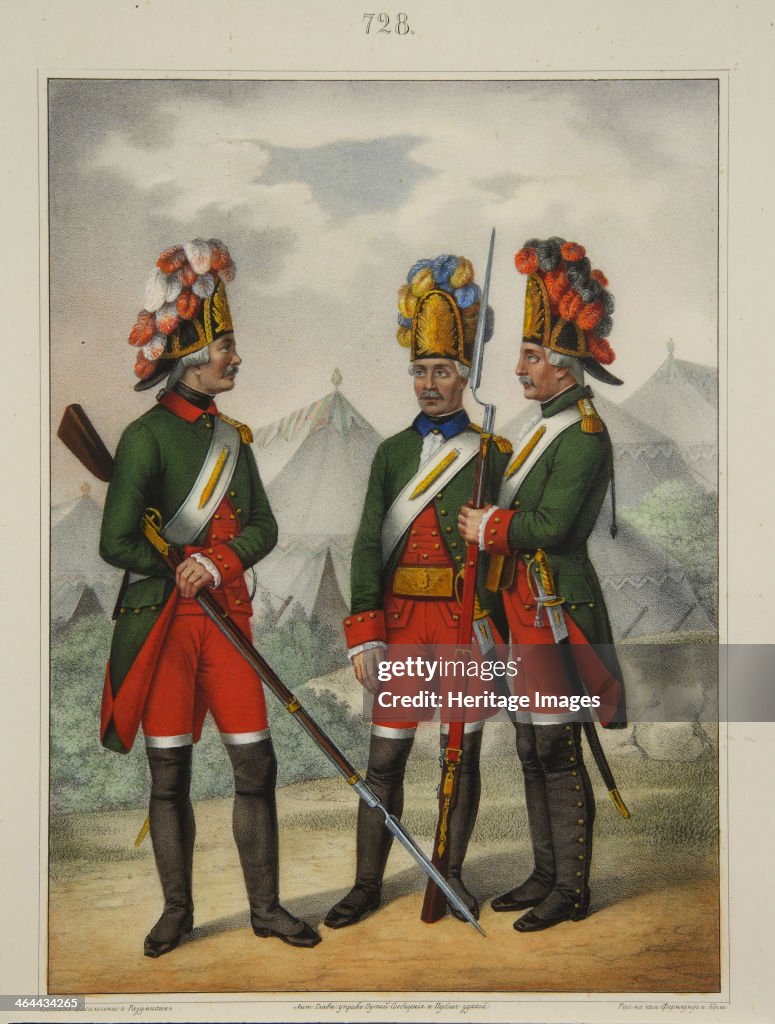 Grenadiers of the Preobrazhensky, Semenovsky and Izmailovsky Regiment in 1763-1775, Early 1840s. Artist: Razumikhin, Pyotr Ivanovich (1812-1848)