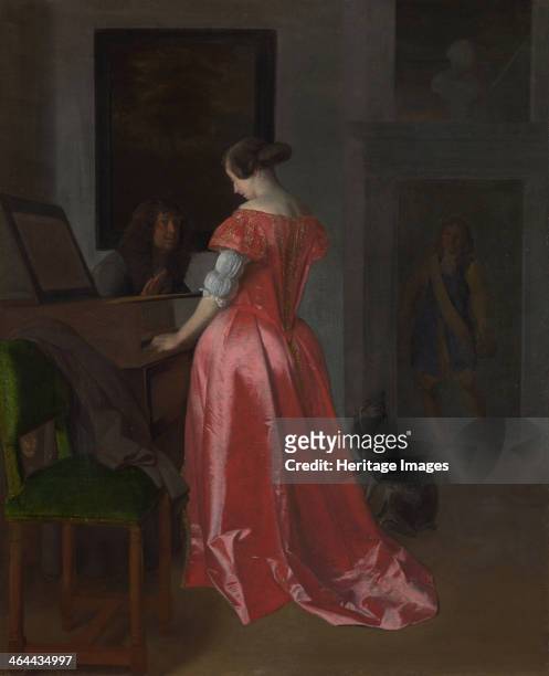 Woman standing at a Harpsichord, ca 1675. Found in the collection of the National Gallery, London.