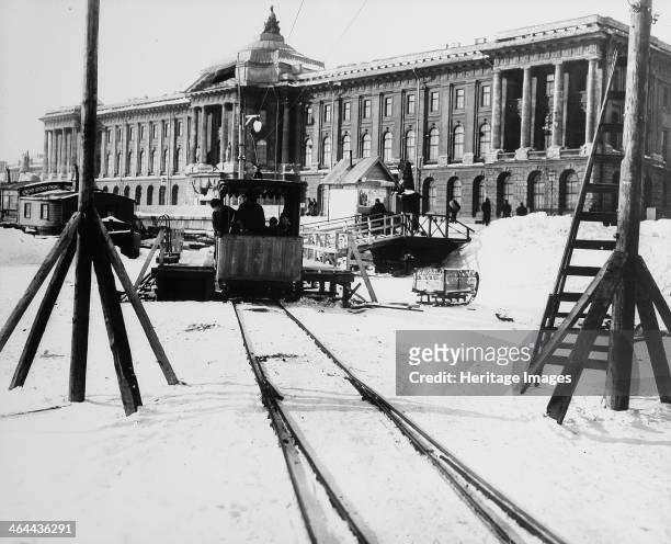 Suburban train station in fornt of the Academy of Arts, St Petersburg, Russia, c1896-c1898. Found in the collection of the State Museum of History,...